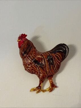 RAFAELIAN BROOCH SIGNED CHICKEN GOLD TONE BROWN BLACK RED ENAMEL DETAILED